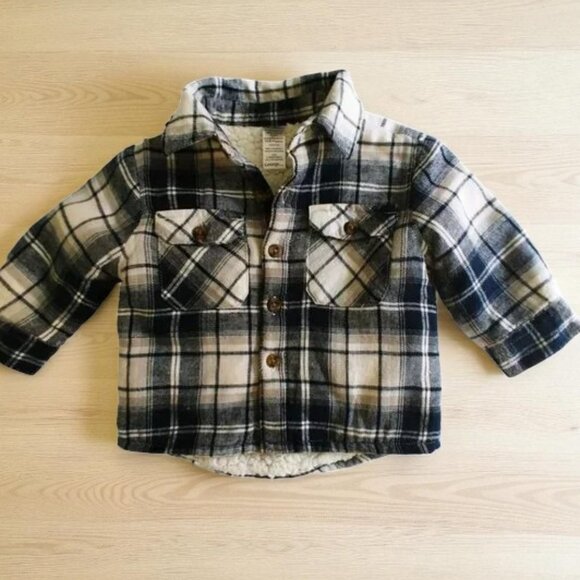 George Blue Gray White Plaid Button Down Sherpa Shacket 6-12 Months - Picture 1 of 7